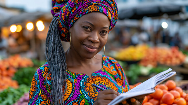 A market trader in a crowded urban square tallying daily microfinance group contributions in a notebook, colorful produce stalls visible behind her, harsh midday sun making the scene vivid and energ