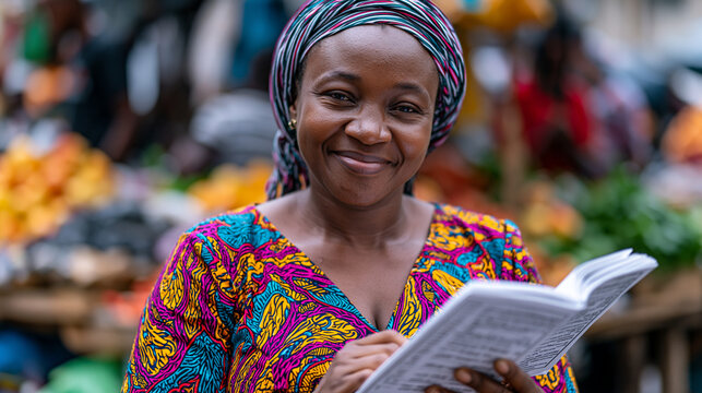 A market trader in a crowded urban square tallying daily microfinance group contributions in a notebook, colorful produce stalls visible behind her, harsh midday sun making the scene vivid and energ