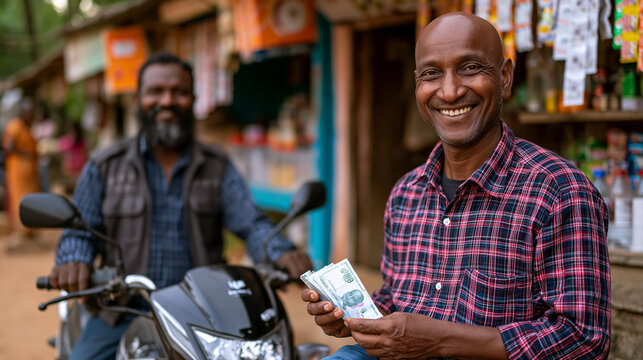 A microfinance loan officer on a motorbike stopping at a small rural roadside shop to collect weekly repayments, the shopkeeper smiling and handing over folded cash, golden hour light making the dus