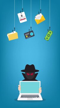 Hacker with laptop computer stealing confidential data, personal information and credit card detail. Hacking concept.