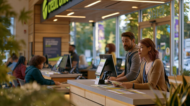 A wide shot of a community credit union branch on a busy morning, diverse clients filling out forms at low counters, staff assisting at desks, natural light from large front windows, perfect for cre
