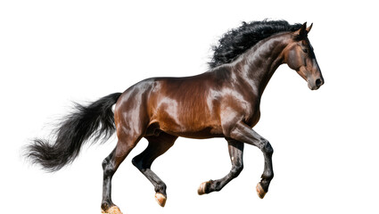 Majestic dark brown horse with flowing black mane and tail galloping, isolated on transparent background © Claudia