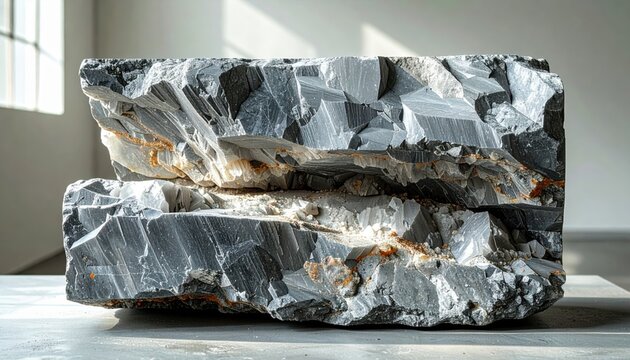 A large block of raw graphite with coarse crystalline texture, exhibiting fractured surfaces and natural layering