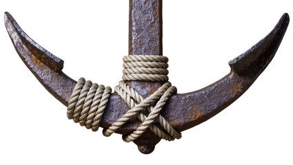 Rusty metal anchor with thick rope tied around it, isolated on transparent background © Claudia