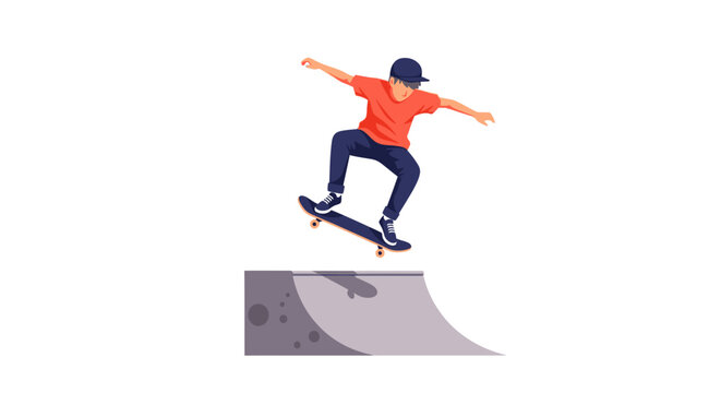 Skateboarder Jumping off a Ramp Flat Vector Illustration. Young Boy Performing Skateboarding Trick in Skatepark Isolated on White Background.