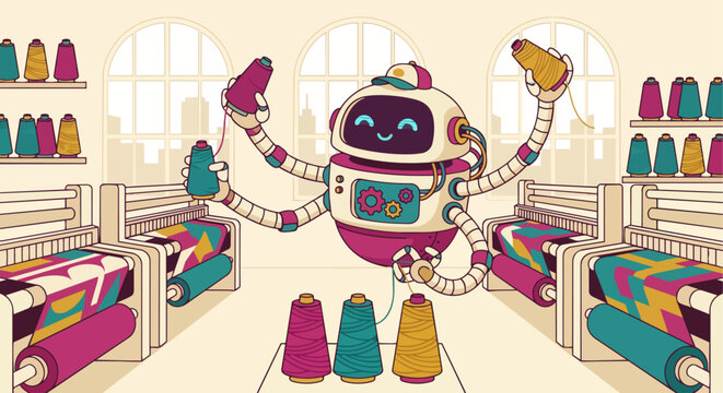 A nimble AI robot with multiple articulated limbs managing a row of high-speed digital looms in a bright textile factory, smoothly feeding vibrant spools of thread into the machinery. Colorful textile