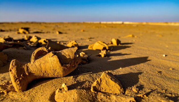 Ancient broken pottery shards scattered across a barren desert landscape, revealing textured clay remnants under a clear blue sky.