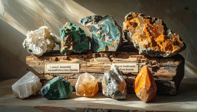 Assortment of Various Precious and Semi-Precious Minerals and Gemstones Displayed in a Naturalistic Setting with Informative Labels