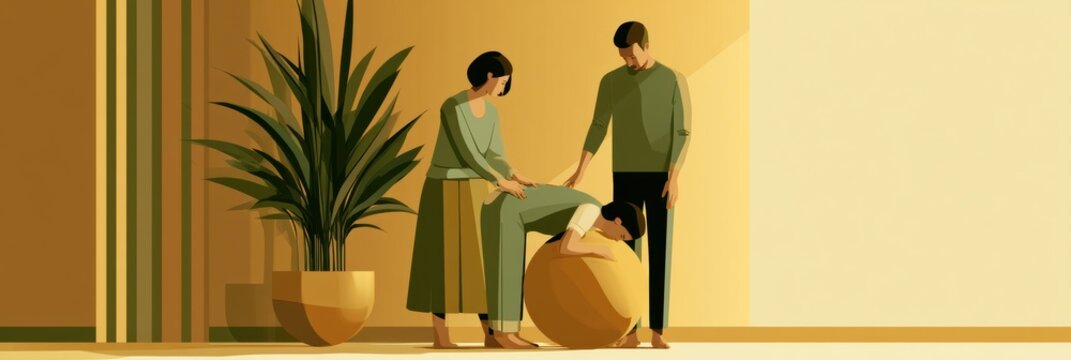 A doula helps a woman in labor by placing a hand on her back while she leans on a birthing ball. A partner stands close in the room.