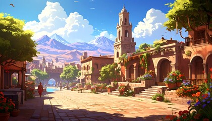 Obraz premium Vibrant plaza scene with warm tones and mountains, captured in an animated, scenic style