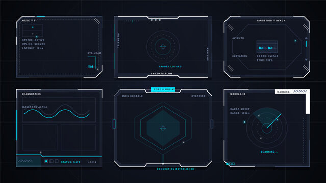Futuristic dark HUD interface panels with cyan targeting screens, radar sweep, diagnostics waveform, system node data, and secure connection display