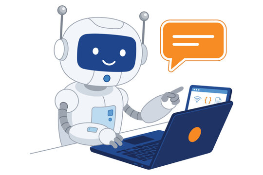 Cute robot character using laptop computer and chatting online with speech bubble