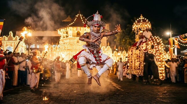 Traditional Kandyan dancer performing during the historic Esala Perahera festival in Kandy Sri Lanka