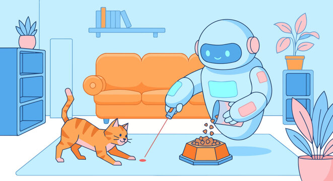 A gentle, rounded AI robot with soft touch features, refilling a geometric pet food bowl and playing with a stylized cat using a laser pointer in a bright living room. 