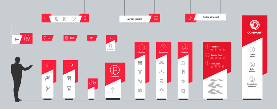 Modern interior wayfinding signage pylon design. Wall hanging lightbox board template. Commercial building department store directory screen display layout. Square indoor WC sign mockup vector.