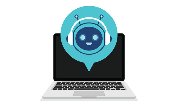 Laptop computer with robot face wearing headphones on screen display  chat bot concept