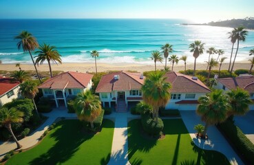 Fototapeta premium Aerial view luxurious beachfront homes in Santa Barbara. Palm trees line sandy shore near turquoise ocean. Bright sunlight illuminates architecture, lawns plus coastal scenery. Perfect for travel