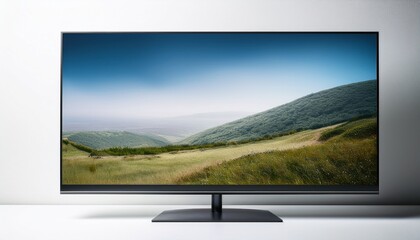 Fototapeta premium widescreen smart tv monitor facing forward against plain white surface