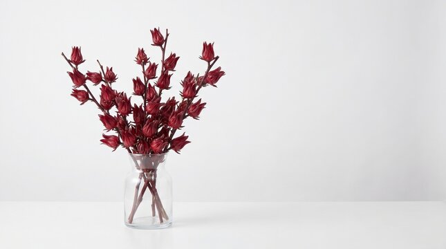 Vase with branches of red flowers on a white background, representing nature's beauty