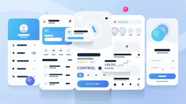 Modern light mobile app UI kit with profile cards, product screen, analytics widget, navigation icons, add to cart button, and soft blue background