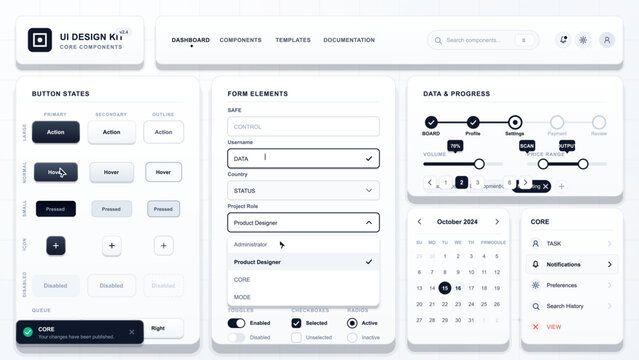 Modern UI design kit vector layout with buttons, form fields, progress sliders, calendar, sidebar menu, and soft shadows on a grid background