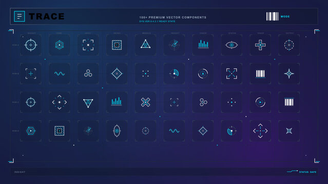 Dark futuristic HUD component kit with gridded icon panels, target symbols, charts, barcodes and cyan interface elements for sci fi UI design