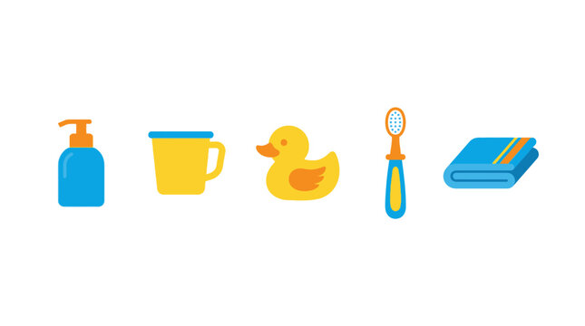 Set of baby bath time accessories and hygiene items.