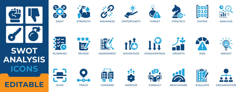 SWOT analysis and business strategy icon set. Strength, weakness, opportunity, threat, competitive advantage, risk assessment, matrix and corporate planning vector symbols.