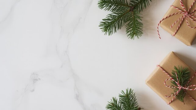 Gifts wrapped in brown paper with twine and pine branches on a white marble surface for Christmas featuring holiday, presents, festive