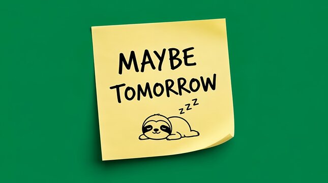 Funny Sloth Illustration on Sticky Note: Maybe Tomorrow
