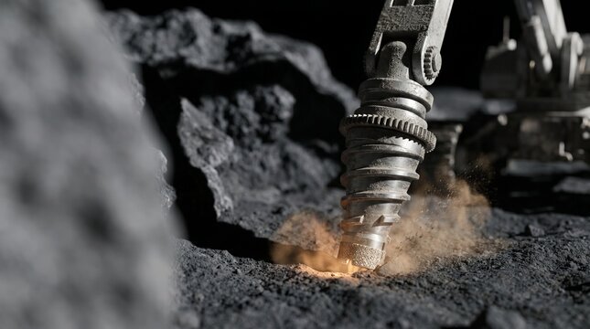 Robotic drill machine mechanism drilling into rocky moon ground surface with flying orange dust, space mineral extraction and lunar mining concept, realistic 3D rendering