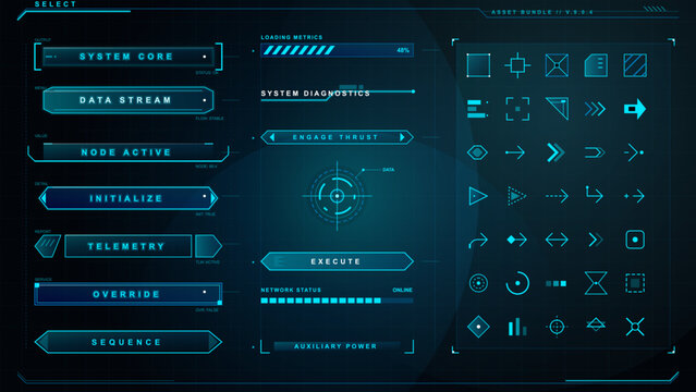 Futuristic cyan HUD asset bundle with system buttons, diagnostics panel, loading metrics, network status bar, target reticle and icon grid layout