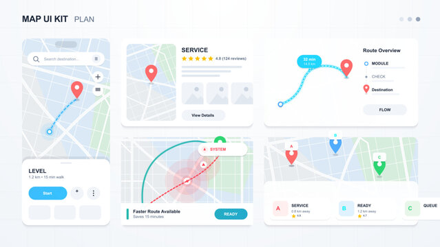 Clean map UI kit with route planning screens, location pins, service card, destination overview, faster route alert, and soft navigation maps