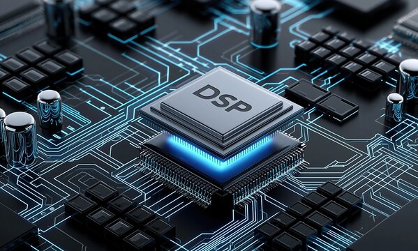 Multi layered DSP digital signal processing chip installed on glowing black printed circuit board showing modern semiconductor and digital technology concept