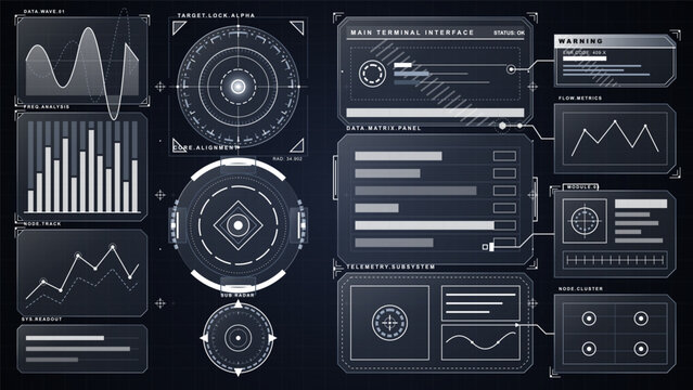 Monochrome futuristic HUD dashboard with target lock radar, waveform graph, data matrix panels, warning module and telemetry charts on dark grid