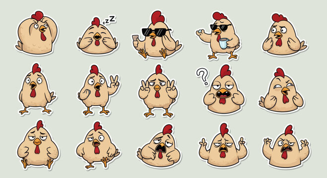Funny Chicken Emote Stickers Set - Expressive Cartoon Bird Expressions