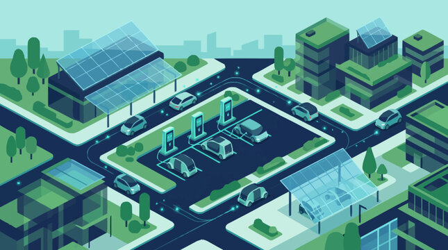 Modern city electric vehicle charging station with solar panels.