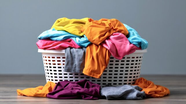 White plastic laundry basket full of bright colored clothes, with some garments spilling onto the wooden floor, representing household chores and domestic life