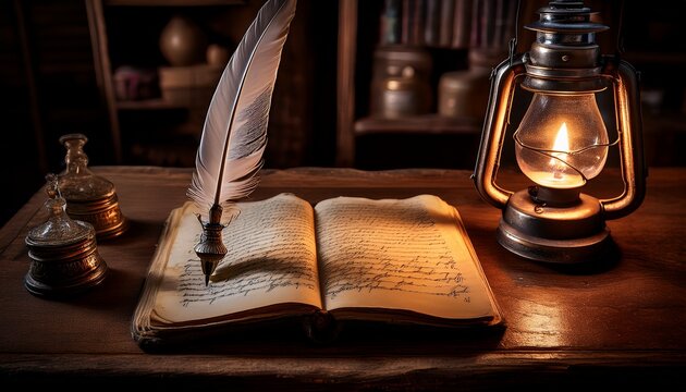 a quill pen painstakingly records fluctuating numbers in a weathered ledger book on a rustic wooden desk bathed in the warm glow of a flickering oil lamp