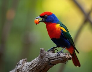 Obraz premium Colorful bird with red head blue body sits on branch holding orange berry. Wild animal in natural green forest habitat. Avian wildlife close up macro.