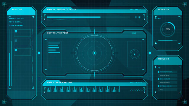 Futuristic teal HUD dashboard with central viewport radar, telemetry progress bar, data stream chart, system core and module status panels