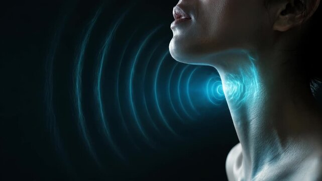 Glowing Sound Waves Emanating from Throat Exploring Vocal Resonance and Communication Through Vibrant Profiles and Dynamic Waves