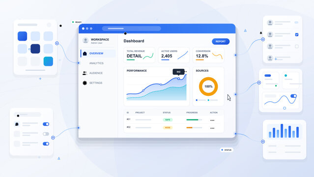 Clean web analytics dashboard UI with blue header, sidebar menu, charts, revenue cards, progress table and connected widgets on pale background
