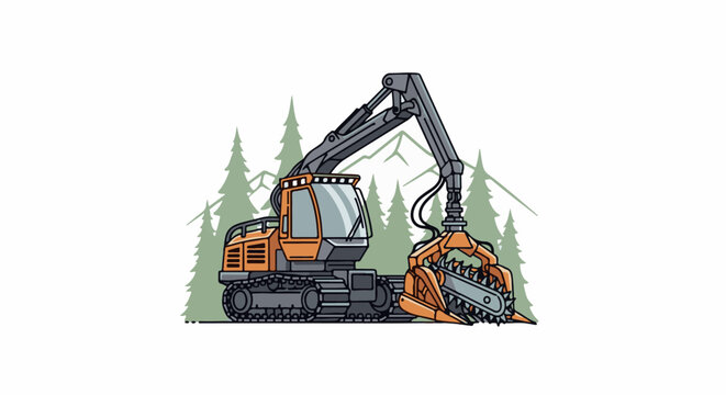Rugged logging machine with claw and saw attachment, set against a backdrop of pine trees and mountains