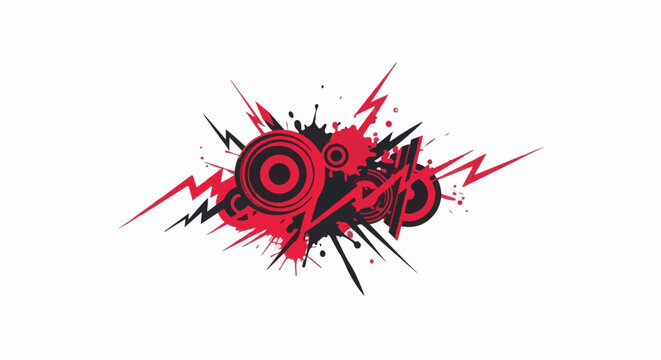 Red and black abstract splatter with lightning bolts and concentric circles