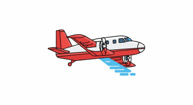 Red and white twin-engine plane sprays blue water from its belly