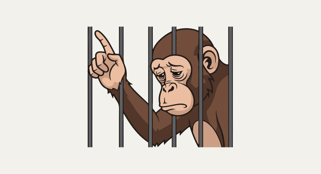 Sad chimpanzee behind bars, pointing finger up, with concerned expression