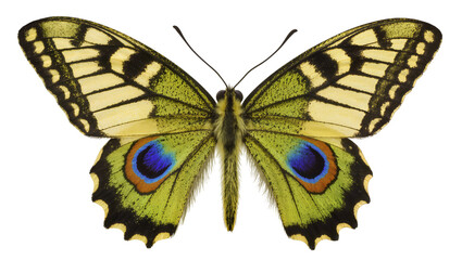 Yellow and green butterfly with black markings and blue eye spots, isolated on transparent background © Claudia