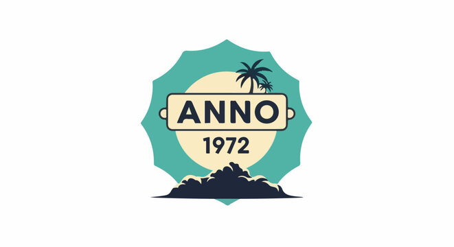 Retro badge with palm trees, text "ANNO 1972", and a stylized landscape