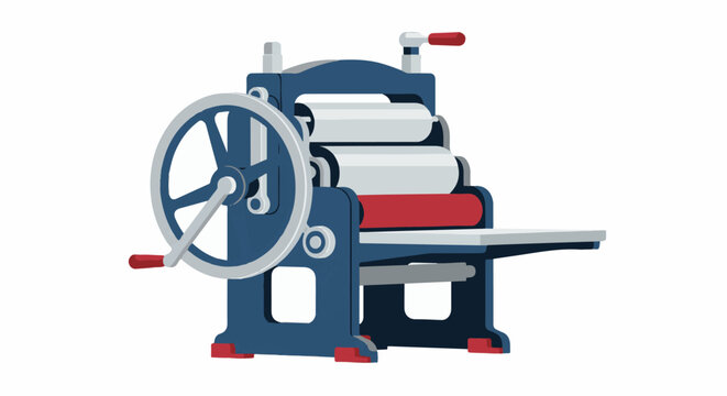 Retro printing press with a large wheel and rollers